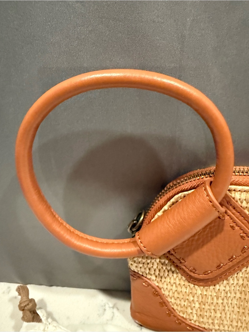 HOBO Tan Woven Wristlet with Brown Leather Ring Handle - Picture 2 of 16